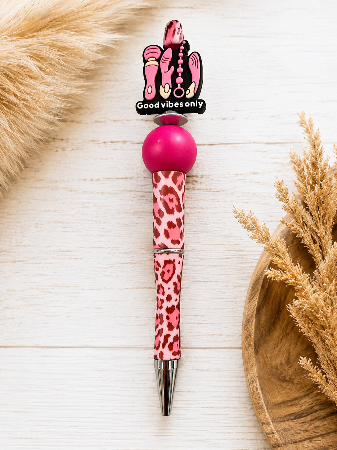 Good Vibes Only Pink Leopard Beaded Pen