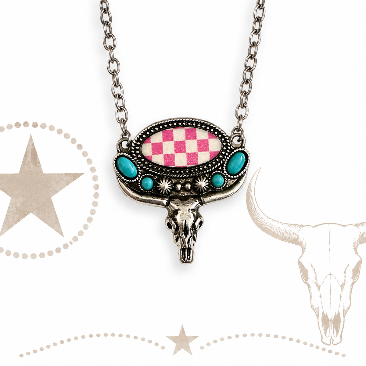 Checkered Cowgirl Skull Necklace