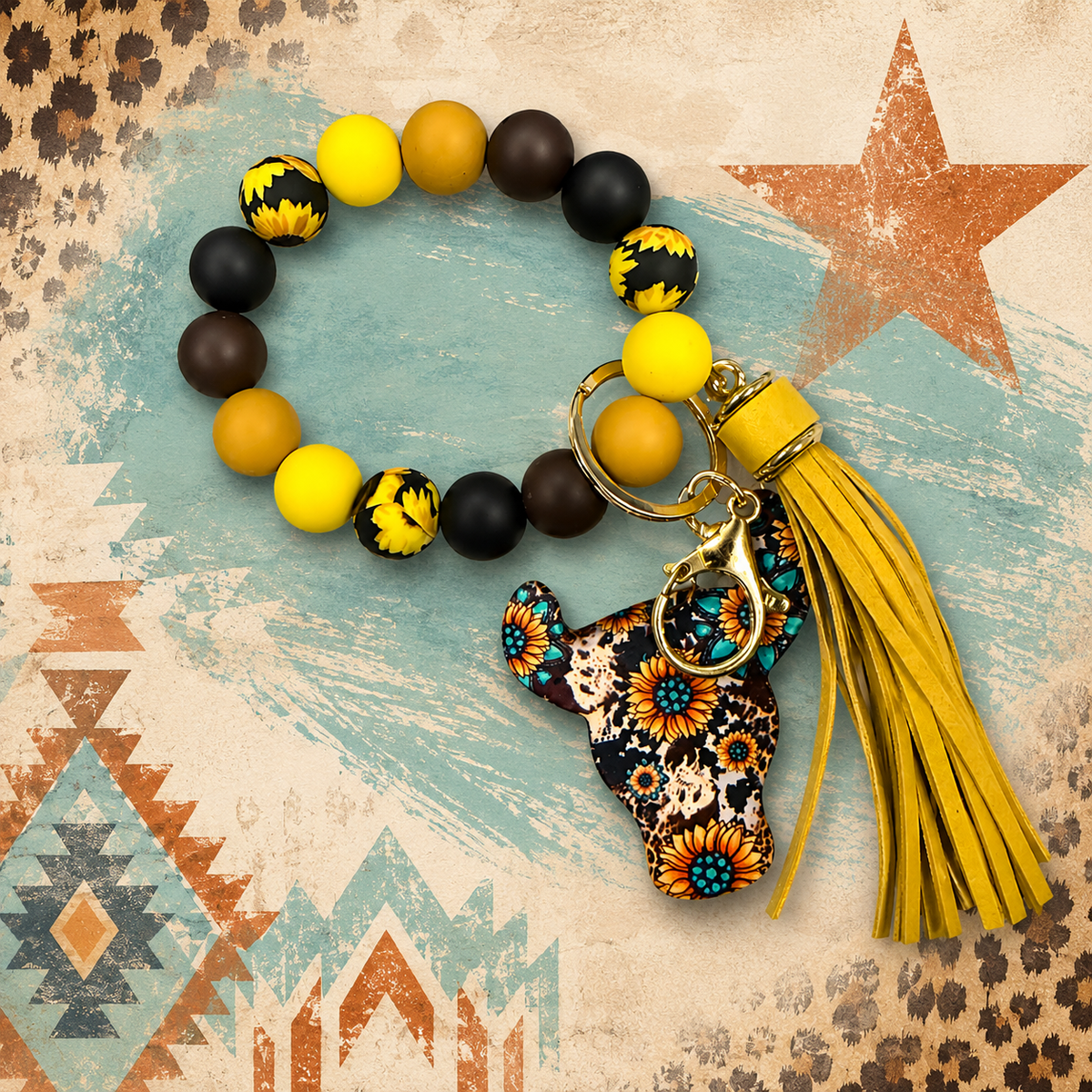 Sunflower Steer Wristlet Keychain