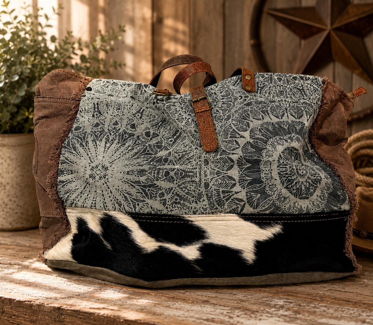 Midnight Bloom Cowhide Weekender Bag