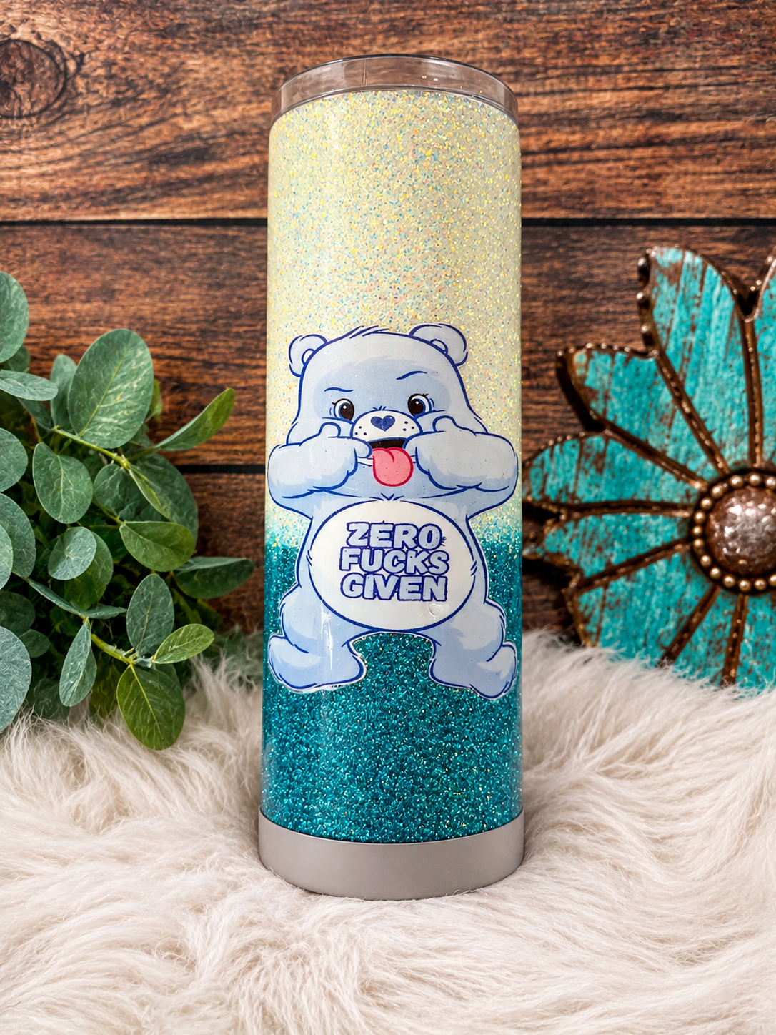 Zero F*cks Given Turquoise Glitter Tumbler