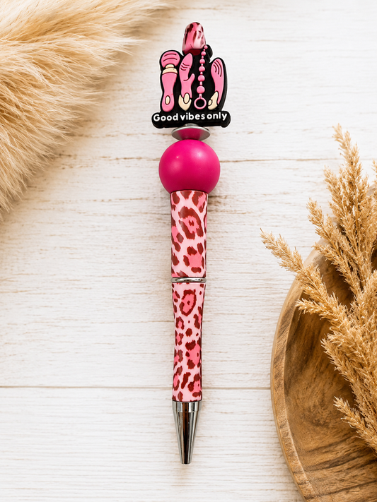 Good Vibes Only Pink Leopard Beaded Pen