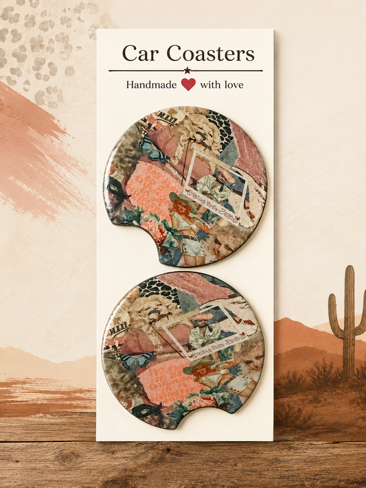 Wildflower Cowgirl Collage Car Coaster Set