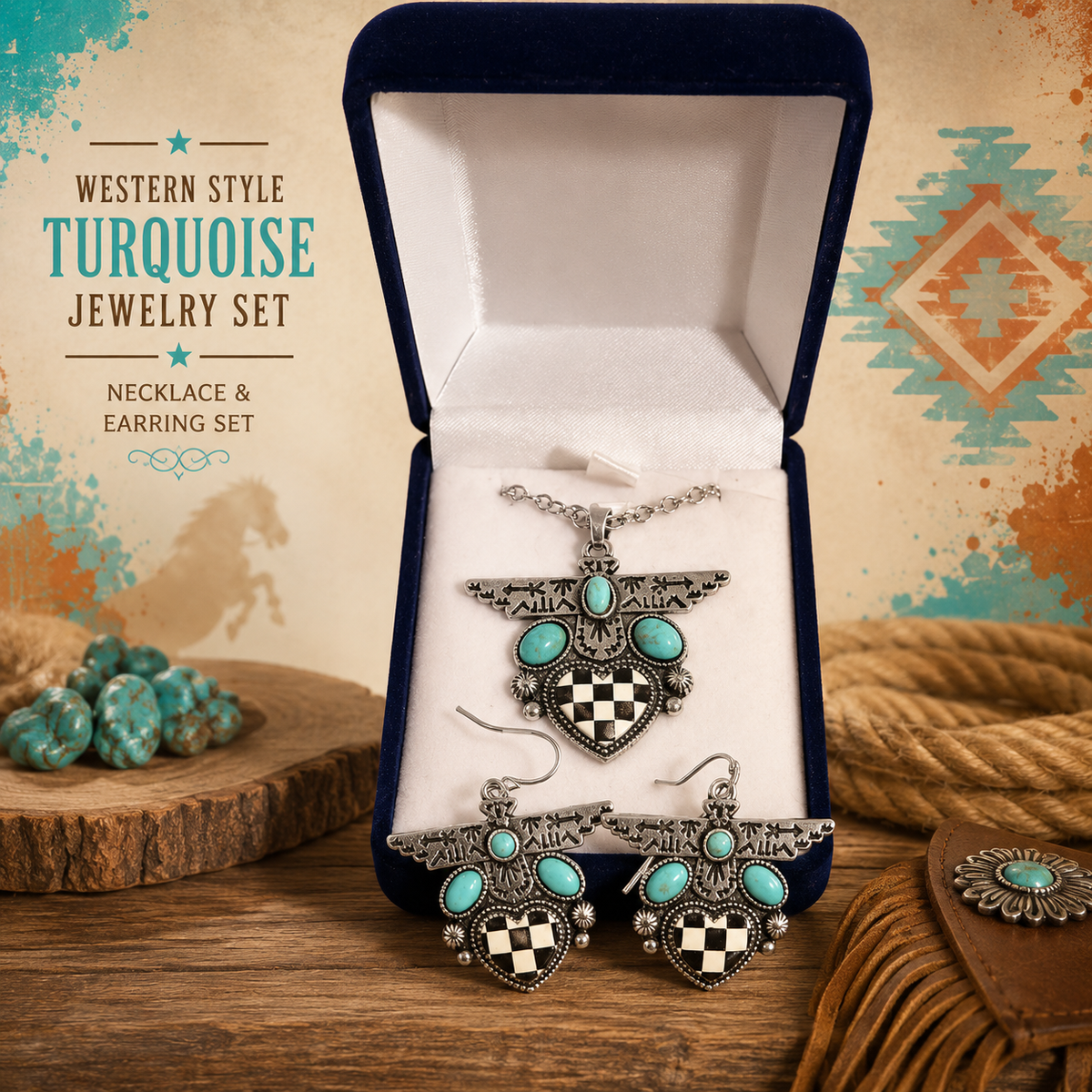 Thunderbird Checkered Heart Jewelry Set
