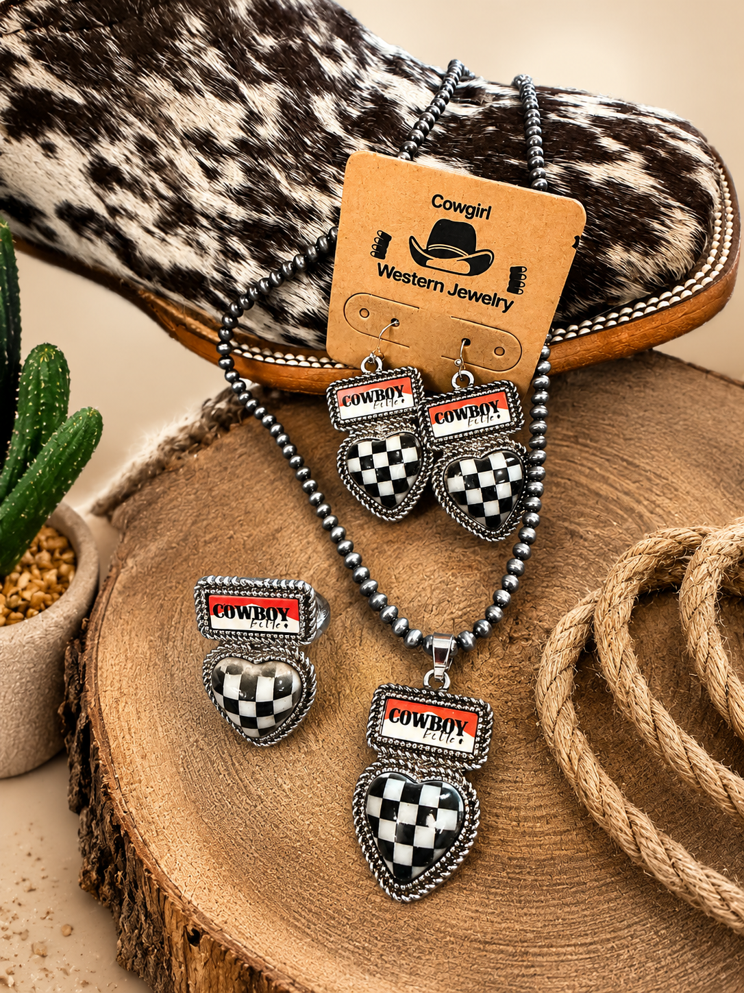 Cowboy Fuel Checkered Heart Jewelry Set