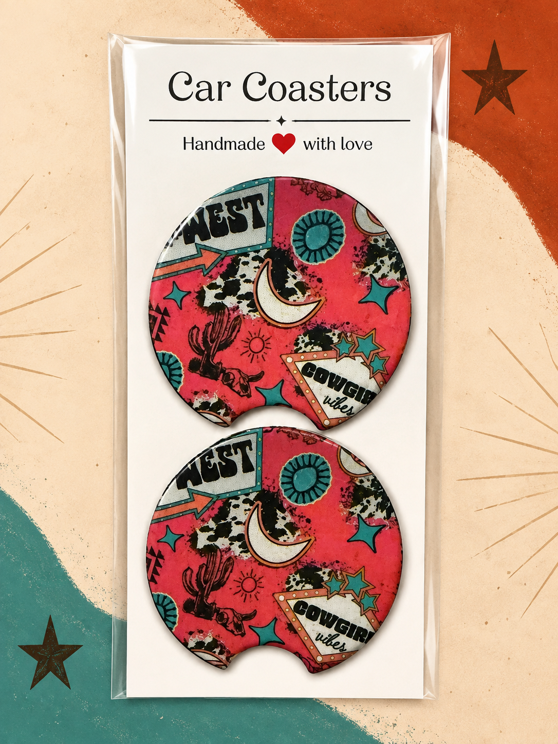 Neon Rodeo Cowgirl Car Coaster Set