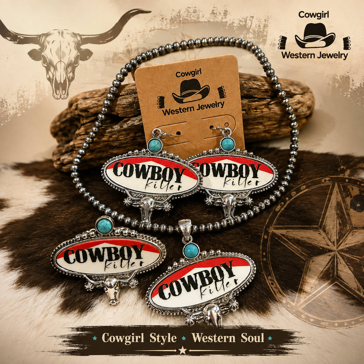Cowboy Killer Steer Skull Western Jewelry Set