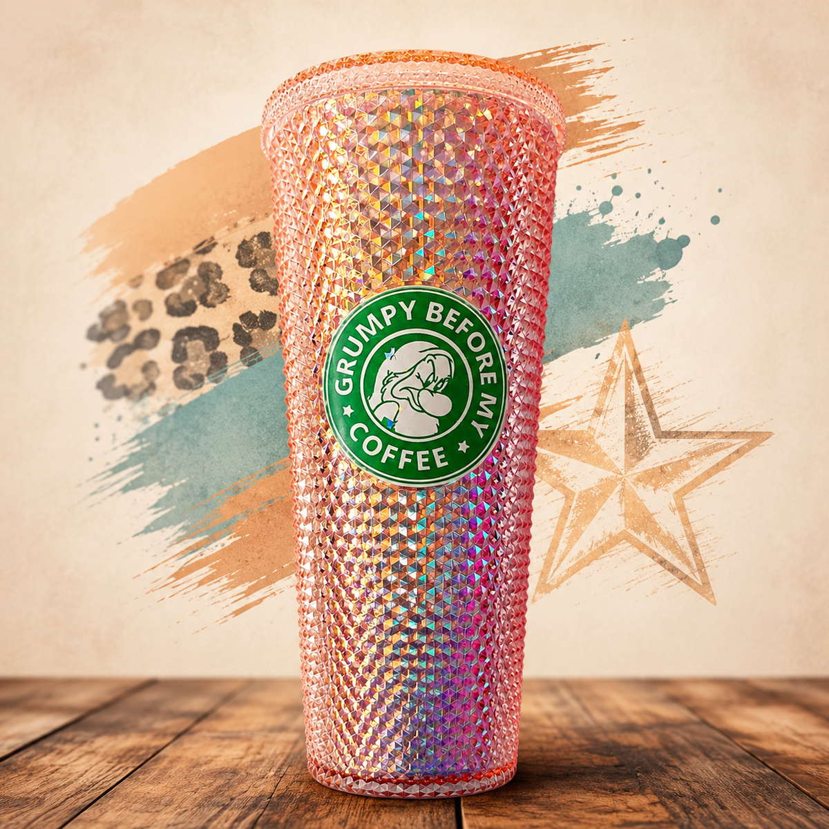 Grumpy Before My Coffee Pink Iridescent Studded Tumbler